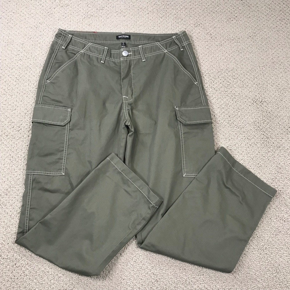 True‎ Religion Mens Cargo Pants Olive Green Contrast Stitch Horseshoe Logo SZ 36